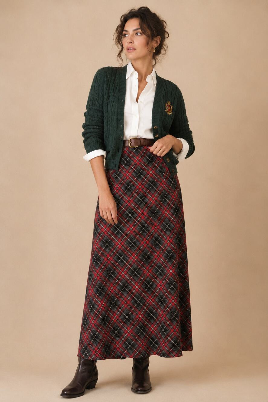 American Vintage Tartan Plaid Wool Blend Long Maxi Skirt A Line Size 12 Large